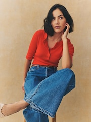 Red Button Up Crew Neck Short Sleeve Top With Linen - Image 3 of 8