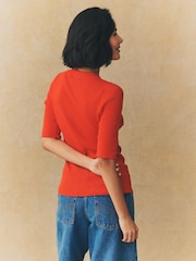 Red Button Up Crew Neck Short Sleeve Top With Linen - Image 4 of 8