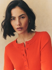 Red Button Up Crew Neck Short Sleeve Top With Linen - Image 5 of 8