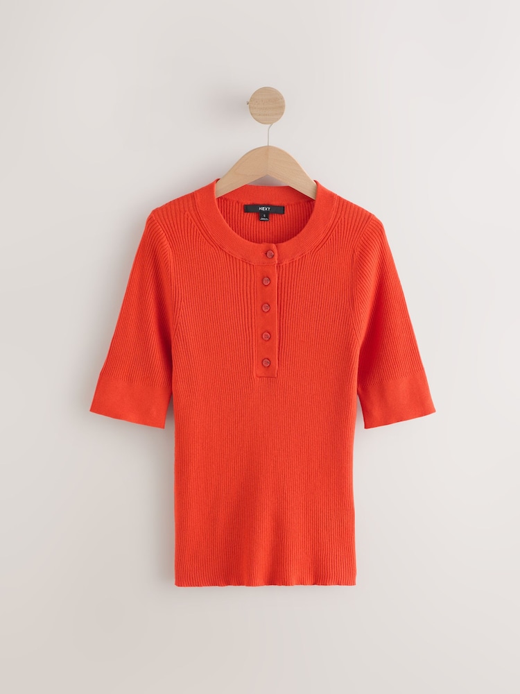 Red Button Up Crew Neck Short Sleeve Top With Linen - Image 6 of 8