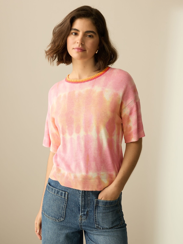 Pink Tie Dye Short Sleeve Crew Neck T-Shirt With Linen - Image 1 of 7
