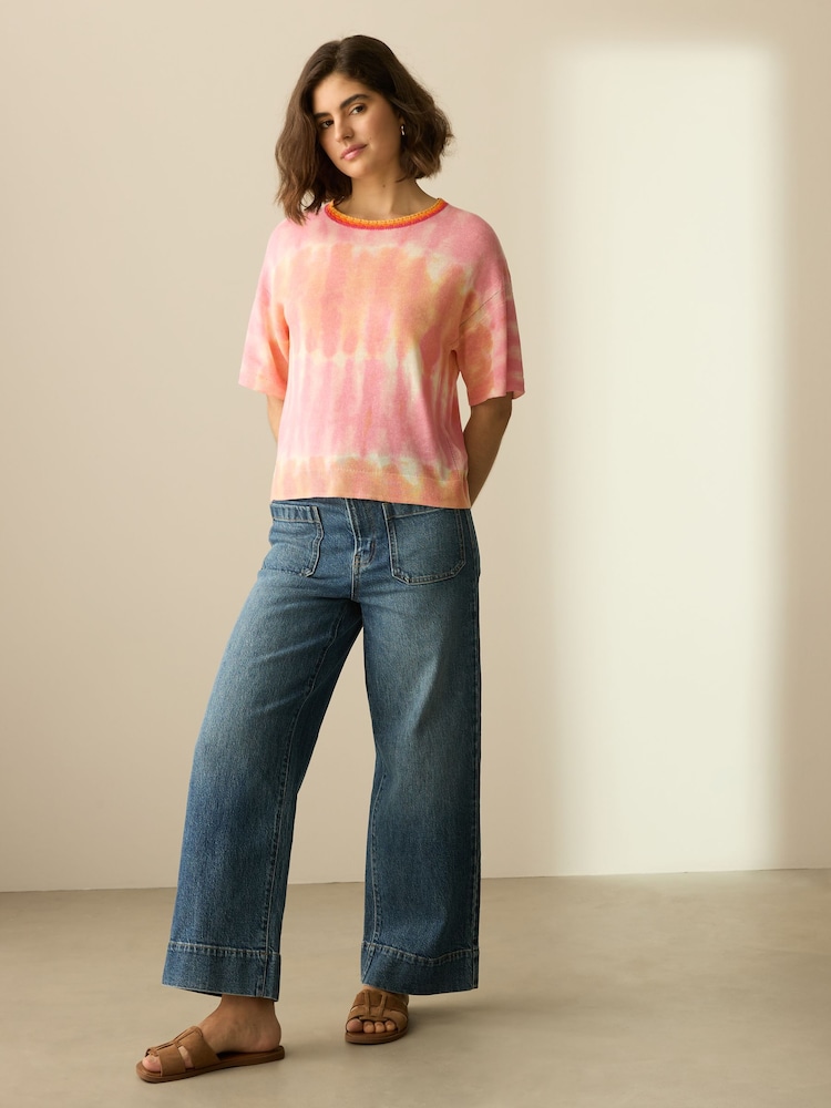 Pink Tie Dye Short Sleeve Crew Neck T-Shirt With Linen - Image 2 of 7 Pink Tie Dye Short Sleeve Crew Neck T-Shirt With Linen - Image 2 of 7