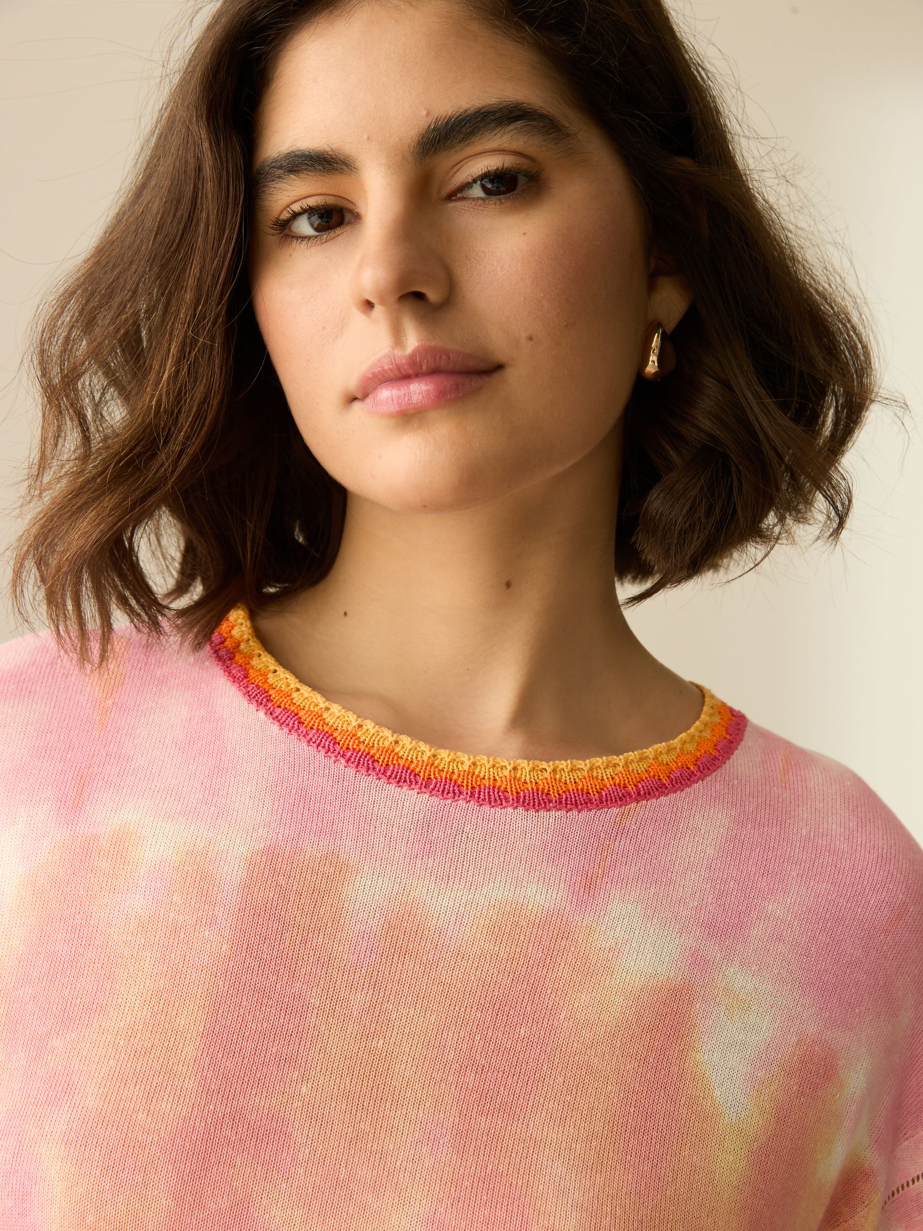 Buy Pink Tie Dye Short Sleeve Crew Neck T-Shirt With Linen from