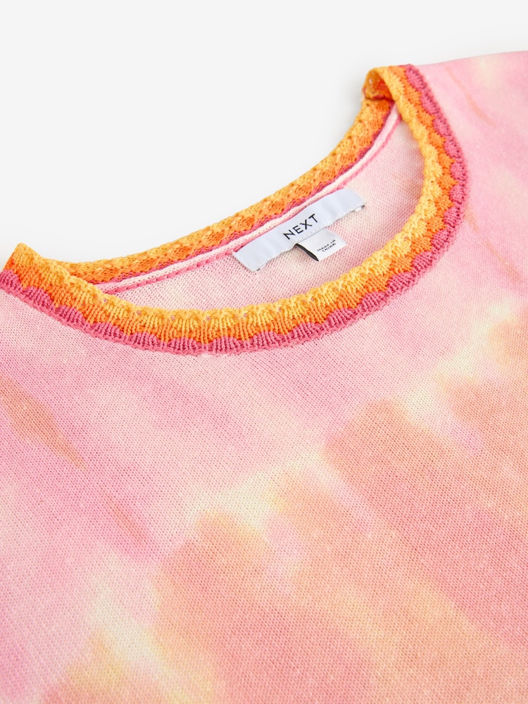 Pink Tie Dye Short Sleeve Crew Neck T-Shirt With Linen - Image 7 of 7