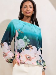 Lipsy Blue Floral Printed Ballon Sleeve Blouse - Image 1 of 4