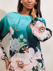 Lipsy Blue Floral Printed Ballon Sleeve Blouse - Image 2 of 4