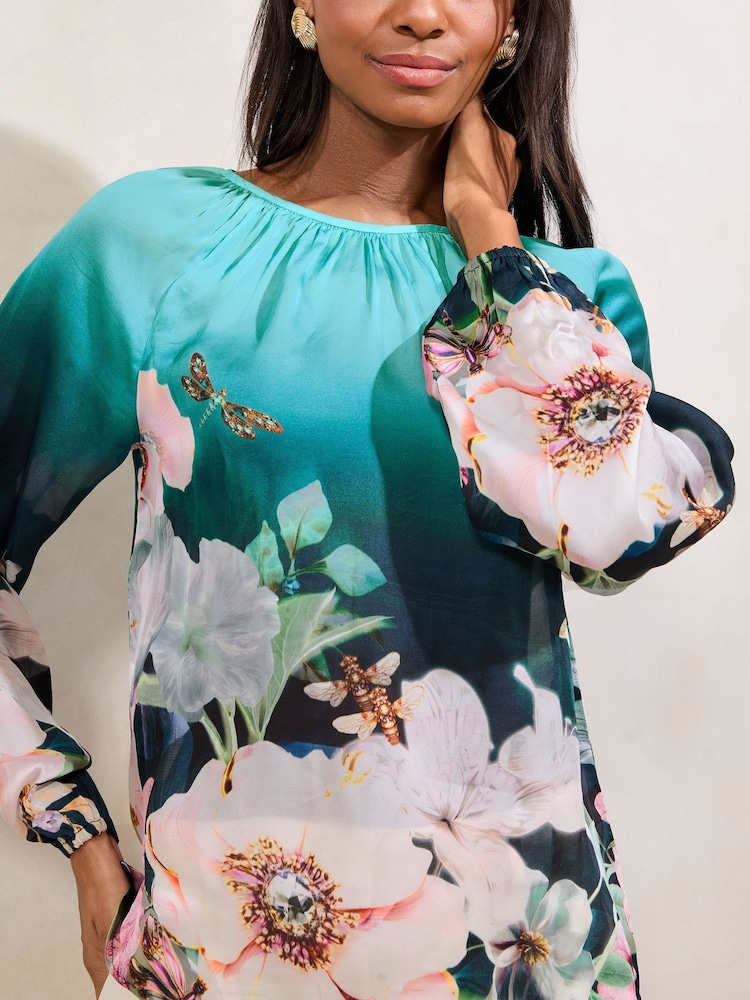 Lipsy Blue Floral Printed Ballon Sleeve Blouse - Image 2 of 4