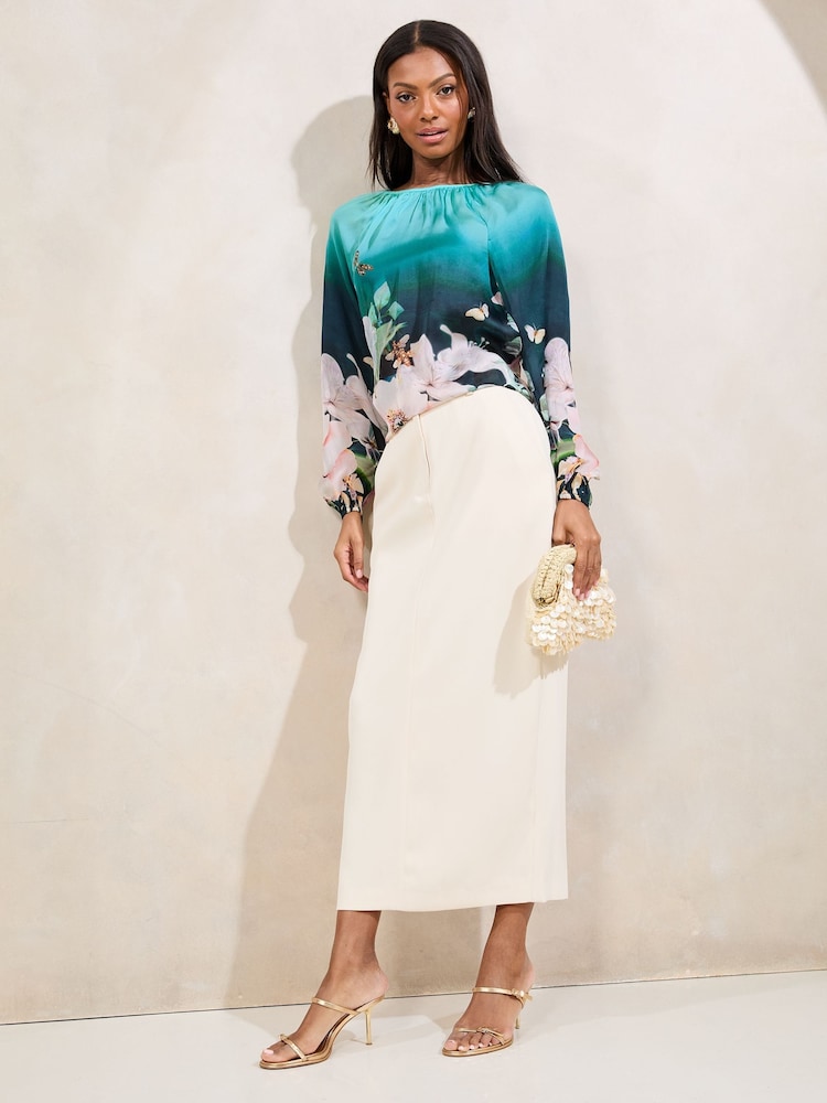 Lipsy Blue Floral Printed Ballon Sleeve Blouse - Image 3 of 4