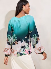 Lipsy Blue Floral Printed Ballon Sleeve Blouse - Image 4 of 4