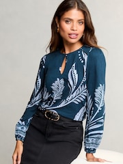 Lipsy Blue Printed Keyhole Long Sleeve Top - Image 1 of 4