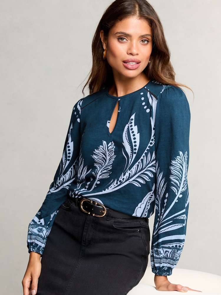 Lipsy Blue Printed Keyhole Long Sleeve Top - Image 1 of 4