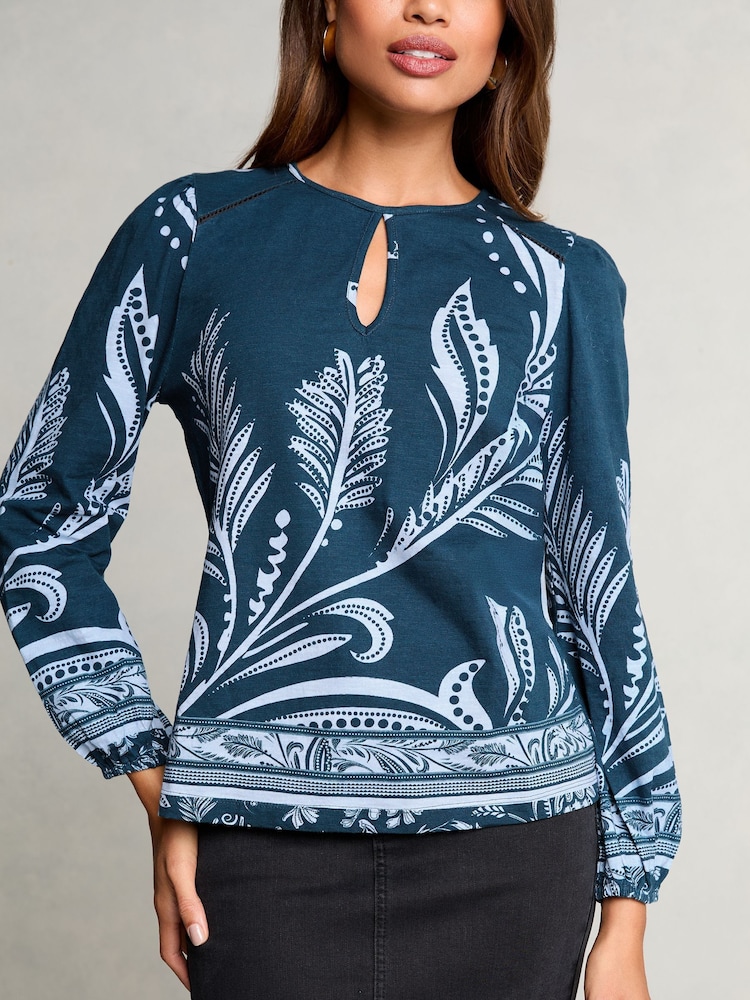 Lipsy Blue Printed Keyhole Long Sleeve Top - Image 2 of 4