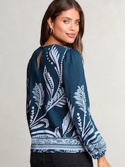 Lipsy Blue Printed Keyhole Long Sleeve Top - Image 4 of 4
