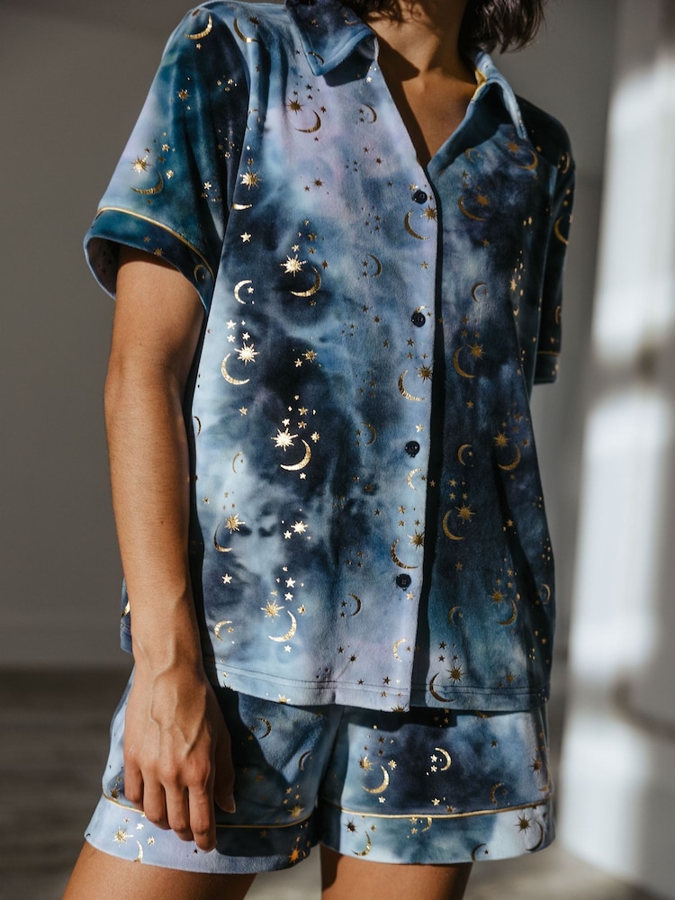 Chelsea Peers Blue Tie Dye Velour Gold Foil Moons & Stars Long Pyjama Set - Image 2 of 5 Chelsea Peers Blue Tie Dye Velour Gold Foil Moons & Stars Long Pyjama Set - Image 2 of 5