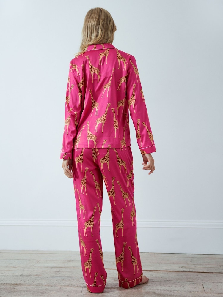Chelsea Peers Pink Satin Giraffe Print Long Pyjama Set - Image 5 of 5