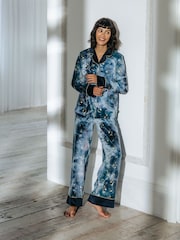 Chelsea Peers Blue Tie Dye Velour Gold Foil Moons & Stars Long Pyjama Set - Image 1 of 5
