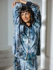 Chelsea Peers Blue Tie Dye Velour Gold Foil Moons & Stars Long Pyjama Set - Image 2 of 5