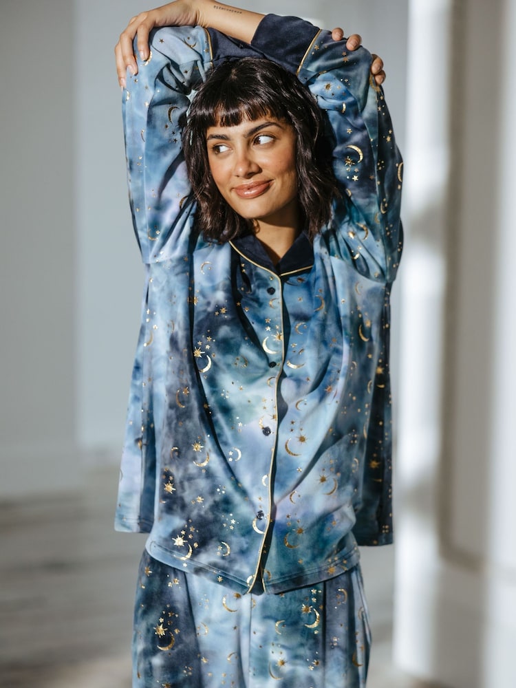 Chelsea Peers Blue Tie Dye Velour Gold Foil Moons & Stars Long Pyjama Set - Image 2 of 5