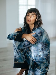 Chelsea Peers Blue Tie Dye Velour Gold Foil Moons & Stars Long Pyjama Set - Image 3 of 5