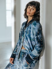 Chelsea Peers Blue Tie Dye Velour Gold Foil Moons & Stars Long Pyjama Set - Image 4 of 5