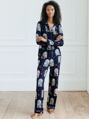 Chelsea Peers Blue Dream Traveler Print Button Up Long Pyjama Set - Image 1 of 5