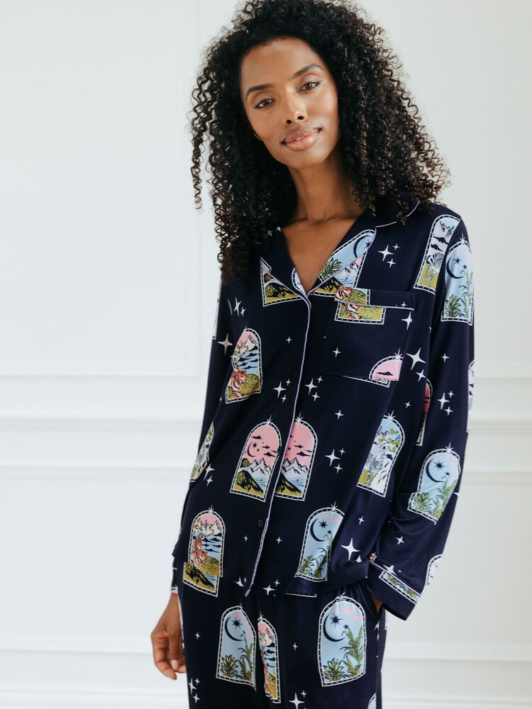 Chelsea Peers Blue Dream Traveler Print Button Up Long Pyjama Set - Image 2 of 5