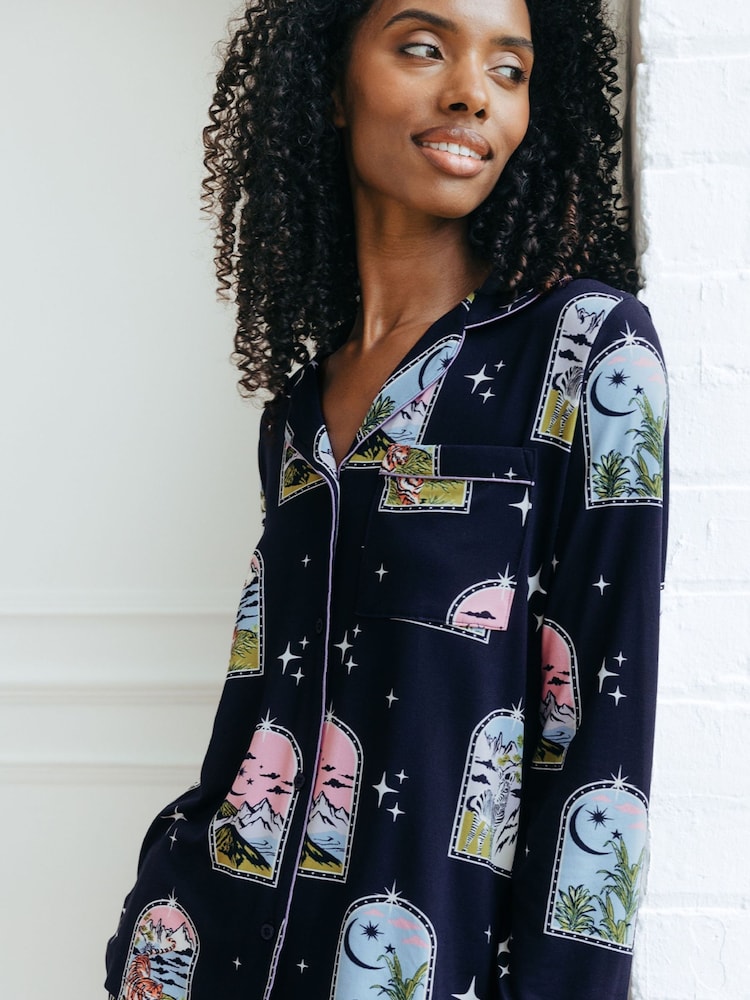 Chelsea Peers Blue Dream Traveler Print Button Up Long Pyjama Set - Image 3 of 5