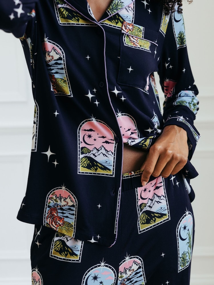 Chelsea Peers Blue Dream Traveler Print Button Up Long Pyjama Set - Image 4 of 5