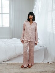 Chelsea Peers Pink Satin Frill Polka Dot Long Pyjama Set - Image 1 of 5