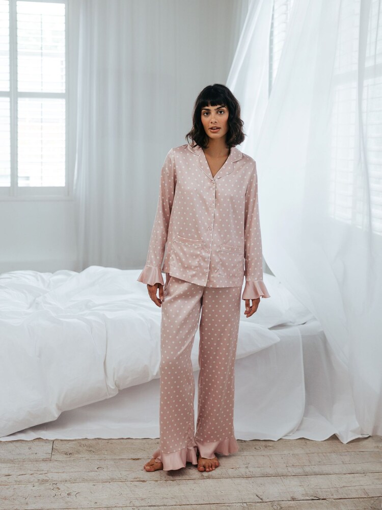 Chelsea Peers Pink Satin Frill Polka Dot Long Pyjama Set - Image 1 of 5