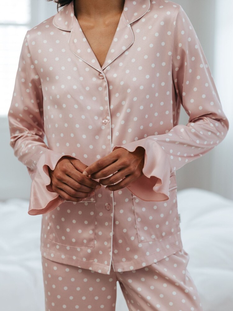 Chelsea Peers Pink Satin Frill Polka Dot Long Pyjama Set - Image 2 of 5