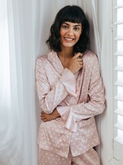 Chelsea Peers Pink Satin Frill Polka Dot Long Pyjama Set - Image 3 of 5