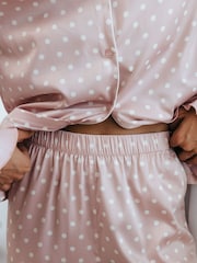 Chelsea Peers Pink Satin Frill Polka Dot Long Pyjama Set - Image 4 of 5