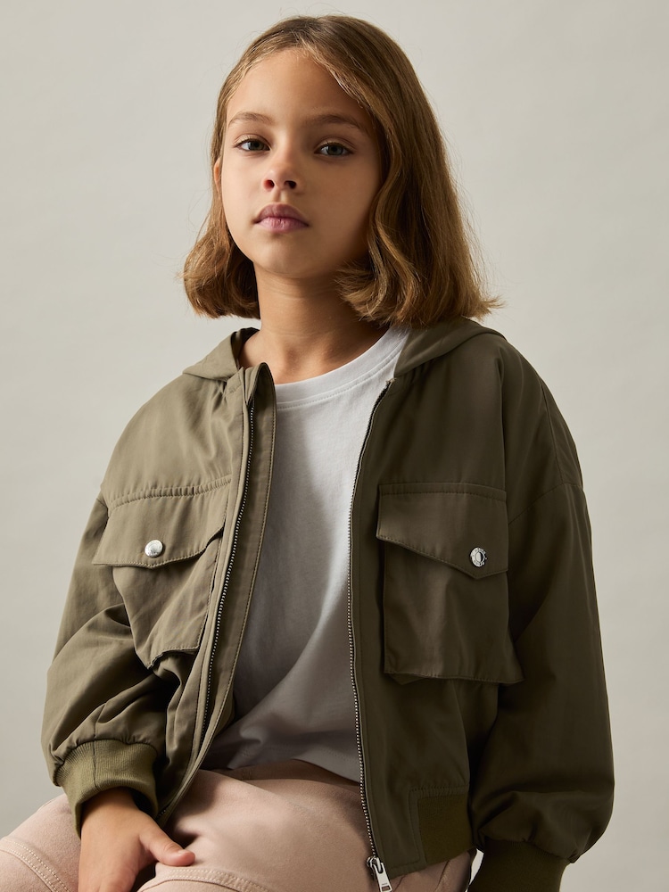 Reiss Khaki Giovana 4-9 yrs Hooded Utility Bomber Jacket - Image 1 of 4