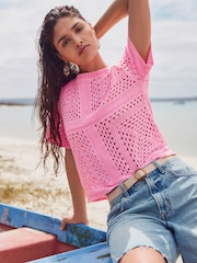 Pink Fluro Short Sleeve Crochet Crew Neck T-Shirt - Image 1 of 3