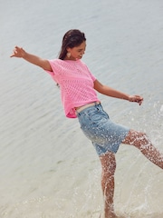 Pink Fluro Short Sleeve Crochet Crew Neck T-Shirt - Image 2 of 3
