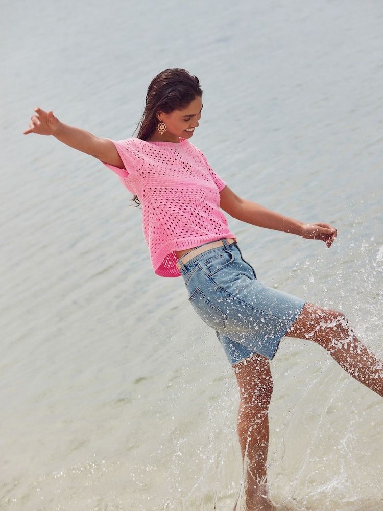 Pink Fluro Short Sleeve Crochet Crew Neck T-Shirt - Image 2 of 3