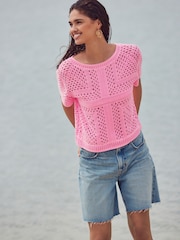 Pink Fluro Short Sleeve Crochet Crew Neck T-Shirt - Image 3 of 3