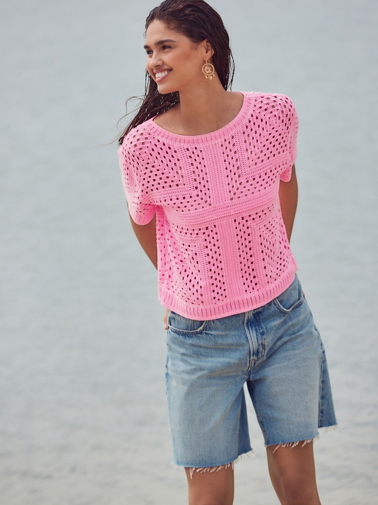 Pink Fluro Short Sleeve Crochet Crew Neck T-Shirt - Image 3 of 3