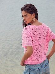 Pink Fluro Short Sleeve Crochet Crew Neck T-Shirt - Image 4 of 8