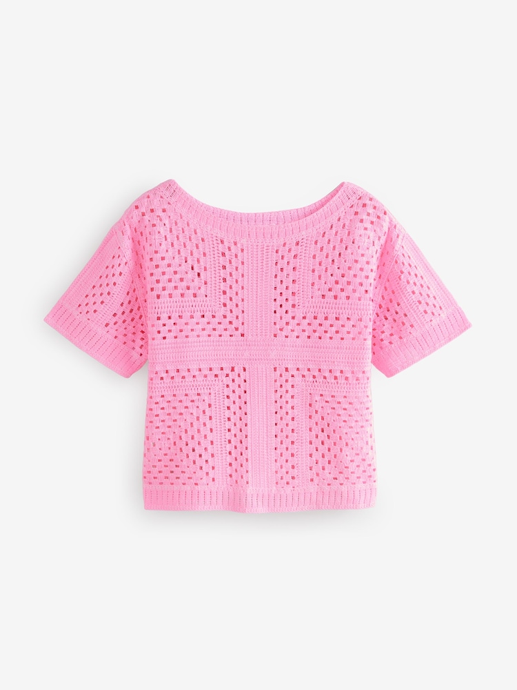 Pink Fluro Short Sleeve Crochet Crew Neck T-Shirt - Image 6 of 8