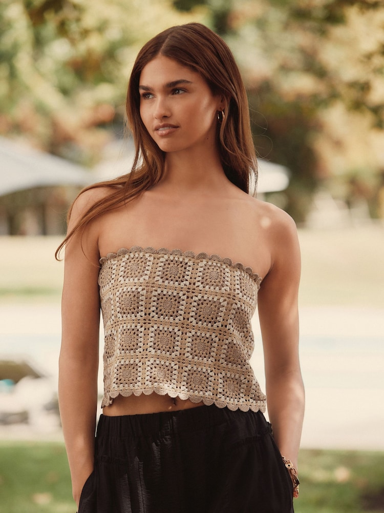 Gold Sparkle Crochet Square Patch Bandeau Boobtube - Image 1 of 7