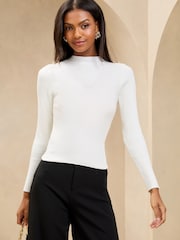 Lipsy Ivory Ribbed Button Knitted Long Sleeve Top - Image 1 of 4