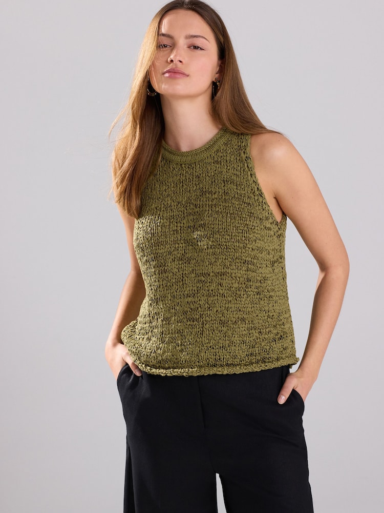 Green Olive Knitted Stitch Crew Neck Vest - Image 2 of 6
