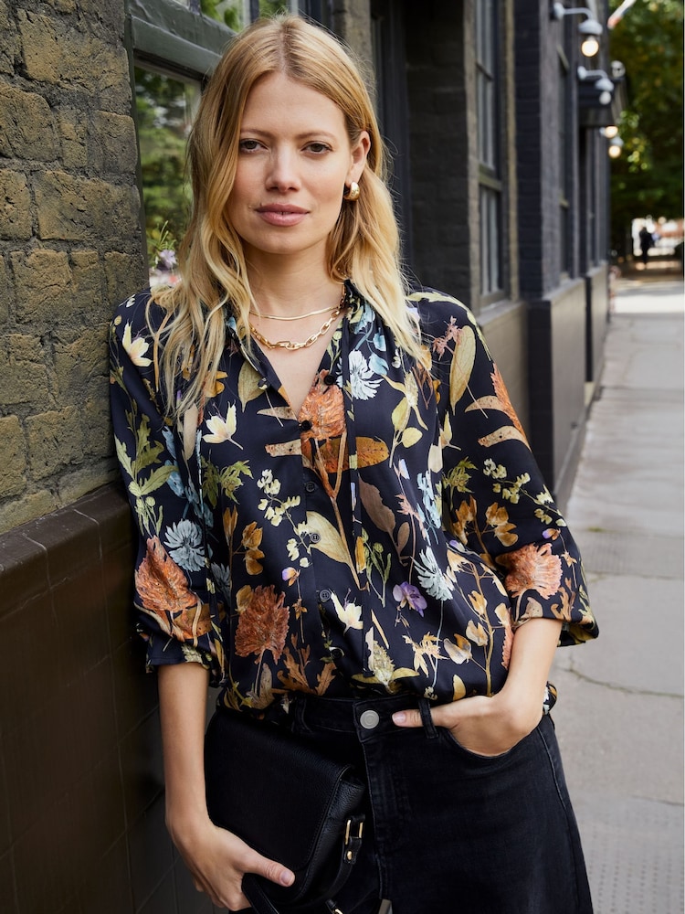 Baukjen Jasmine Printed Tie Neck Satin Black Blouse - Image 1 of 5