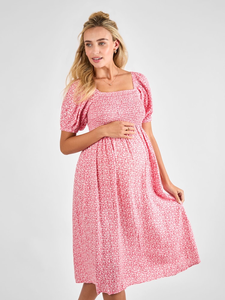 JoJo Maman Bébé Pink Ditsy Print Shirred Maternity Midi Dress - Image 1 of 4