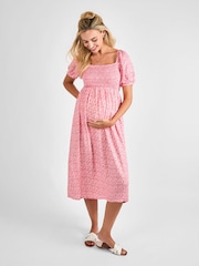 JoJo Maman Bébé Pink Ditsy Print Shirred Maternity Midi Dress - Image 3 of 4