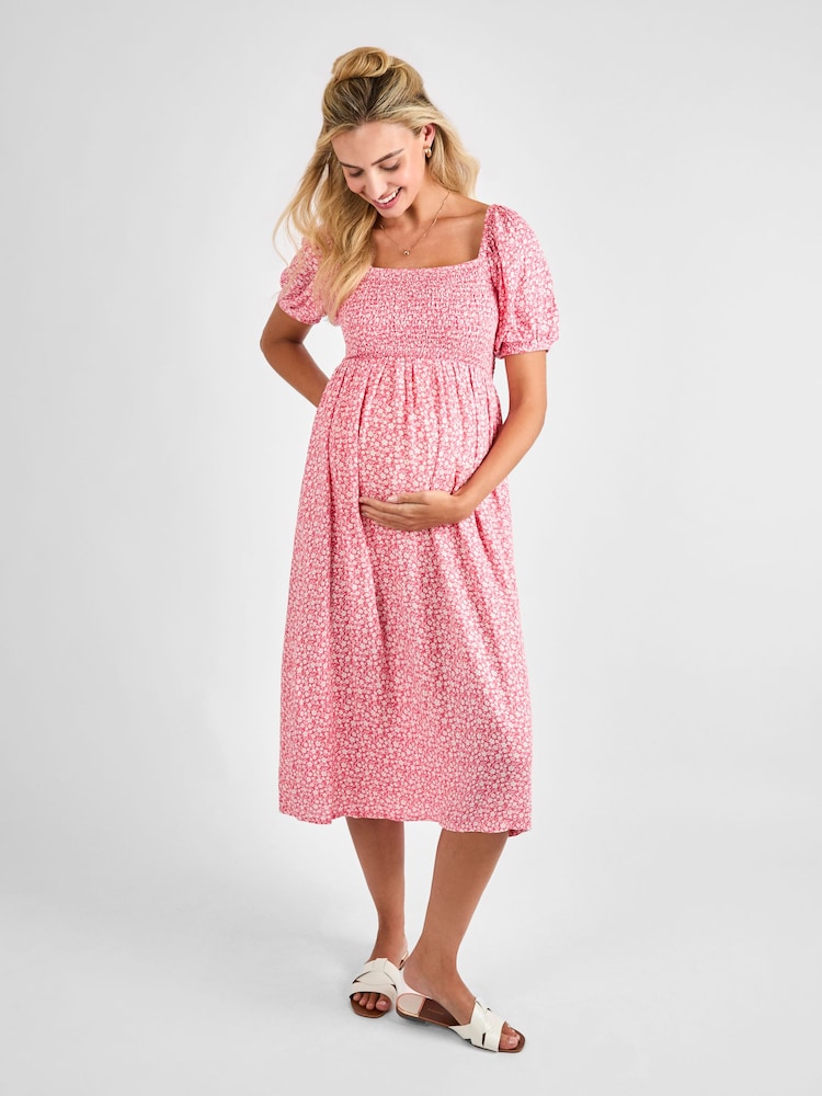 JoJo Maman Bébé Pink Ditsy Print Shirred Maternity Midi Dress - Image 3 of 4