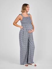 JoJo Maman Bébé Blue Ditsy Floral Maternity Shirred Jumpsuit - Image 1 of 4