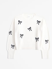 Abercrombie & Fitch Cream Bow Applique Knitted Crew Neck Jumper - Image 1 of 2